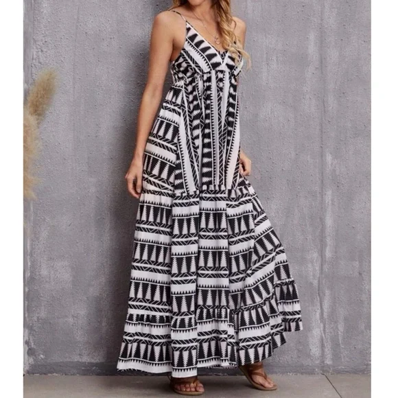 Bohemian Pattern Black White Ruffle Cami Maxi Dress S M L XL - Picture 4 of 4